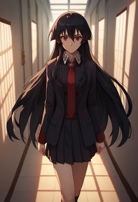 1girl, solo, wearing a Japanese high school blazer, akame, long hair, black hair, red eyes, walking in a school hallway, dramatic lighting, anime style