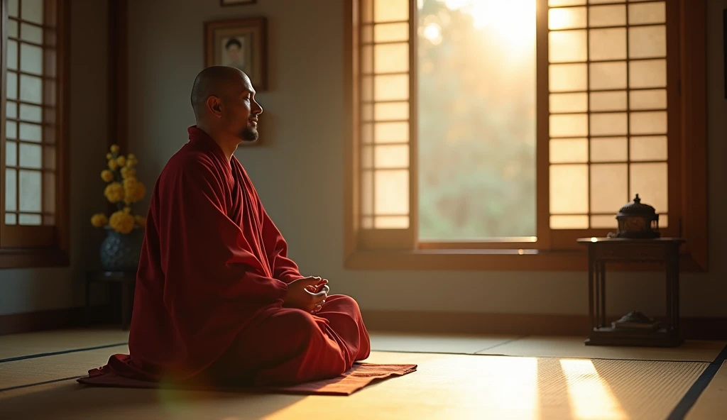 " monk wearing Rasa  (Kashaya )  red scrambler (In his : , the monk is meditating on the tatami in the corner of the room,  house next to a small altar ,  lit by the morning sun .)  Filmed with Canon EOS R5 , LENS 50MM, /1.8, --with 16:9 -- at 5
