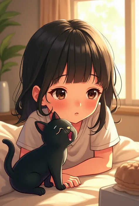 A cute girl with bangs watching her black cat lazyly yawn in front if her
