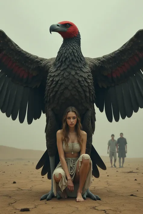 Vulture’s Protection: A vulture with its wings spread wide, shielding the young woman from approaching humans.