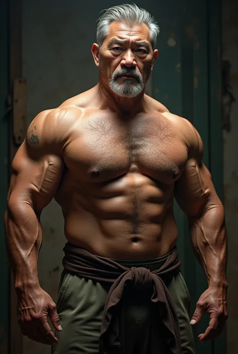 A middle-aged Asian man in his 50s naked ,hairy chest,muscular. 