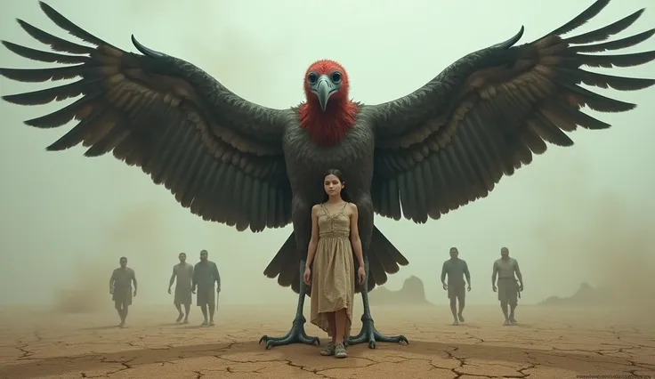 Vulture’s Protection: A vulture with its wings spread wide, shielding the young woman from approaching humans.