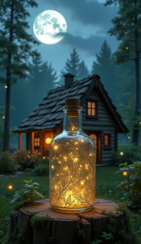 a small rustic wooden cottage nestled in a lush forest landscape, moonlit night sky, detailed glass bottle filled with glowing fireflies, intricate nature-inspired details, highly realistic, photorealistic, masterpiece