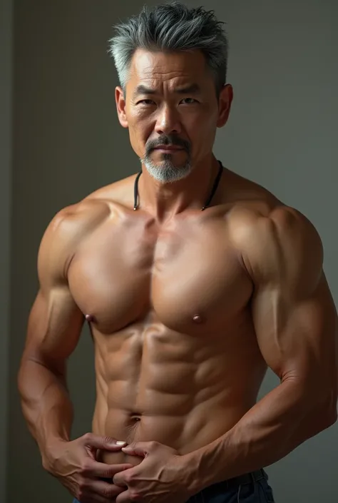 A middle-aged Asian man in his 50s naked ,hairy chest,muscular,two hands touching a very seductive big cock. 