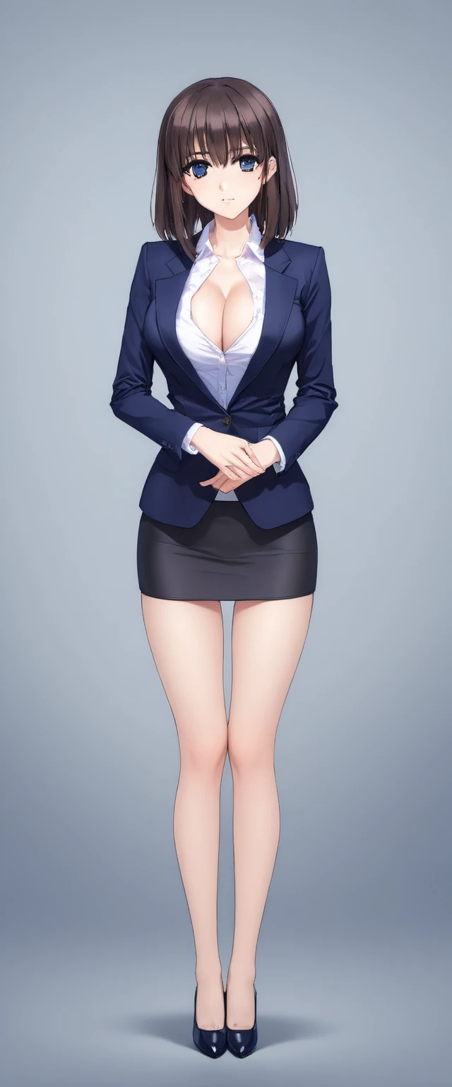 Megumi Kato,  1 girl, Alone, bangs,  brown hair, (((Female lawyer, ( formal suit micro mini skirt,   Micro Mini Pencil Skirt),  white shirt,   Navy Blue Jacket,Big Breasts、 cleavage、Thin legs、The white panties are visible from the hem of the skirt,The whit...