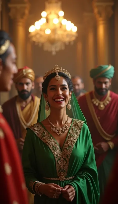 A Very Clear 4K Ultra HD Dynamic Image Of "The queen, laughing mockingly with her courtiers, dressed in an elegant green silk saree, her jewelry glittering under the chandelier. Goga Ji Maharaj stands firm and silent, his calm demeanor contrasting the quee...