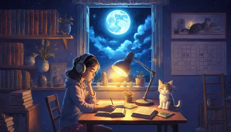 A girl wearing headphones, doing study at night. A cat seated on window. Detailed books un shelves on the wall. 2d art style. 4k ultra resolution.