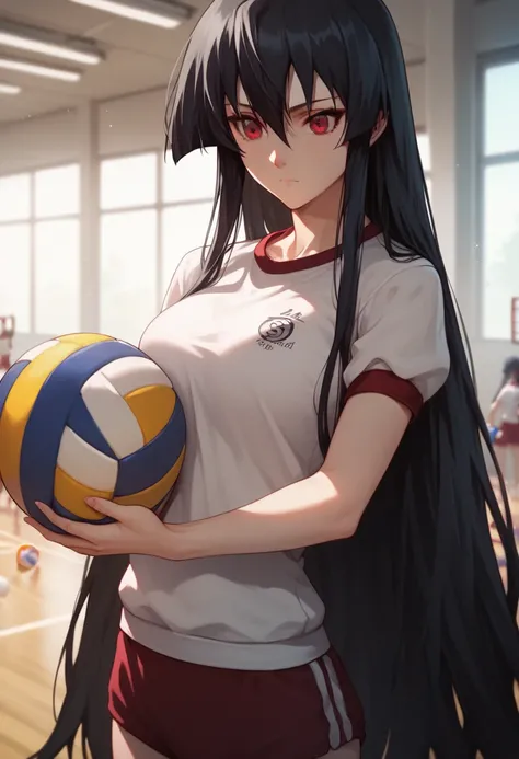 1girl, solo, in a Japanese gym uniform, akame, long hair, black hair, red eyes, holding a volleyball, gymnasium background, soft light