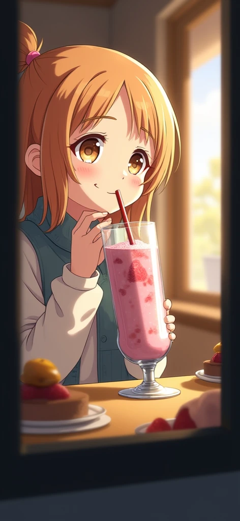 Girl sitting at dinner table, drinking large smoothie