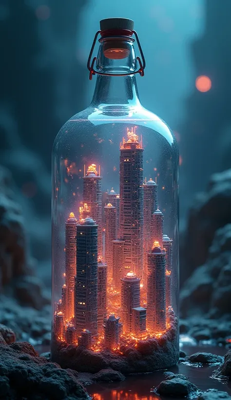 a fantastic city in a glass bottle, detailed closeup, intricate architecture, futuristic skyscrapers, floating islands, glowing neon lights, cinematic lighting, vibrant colors, utopian metropolis, highly detailed, 8k, hyperrealistic, photorealistic, master...