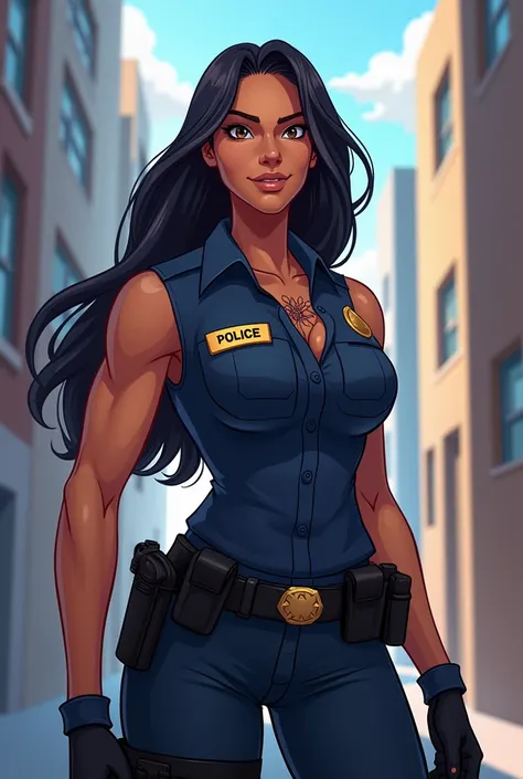 30-year-old police officer ,  strong and very beautiful , out of the ordinary.  Tall and with big pectorals and good ass,  with a dangerous scar on his neck .  Animated Style 