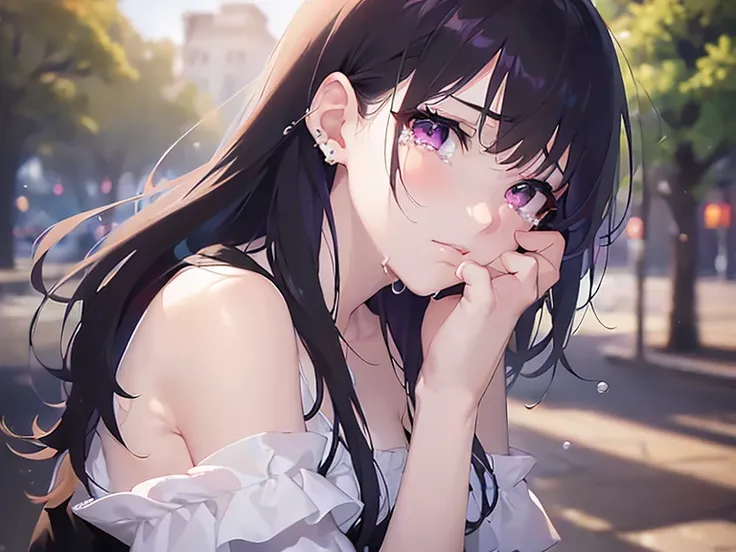 Detailed CG,Ultra-fine illustrations,masterpiece,Highest quality,Upper Body,Realistic,real person,(Pale skin:1.2),Shiny skin,Shiny Hair,(A 26-year-old woman with straight hair and bangs)and(Medium Hair)and(Black Hair)and(Purple eyes),BREAK(white off should...