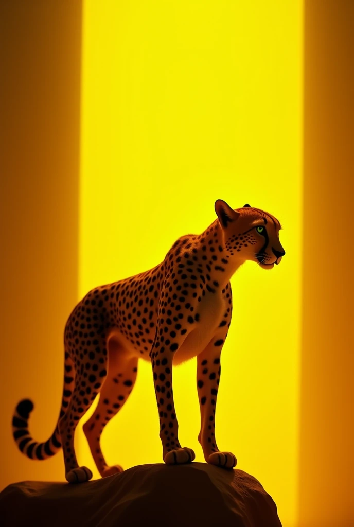 Create an image about a cheetah stand in front of yellow lighting power 