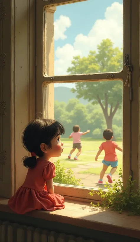 a small girl sitting near the window to saw outdoor to play ren