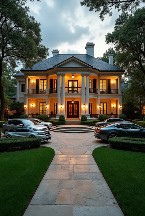 Indoor shot of a VIP, sprawling 12,000-square-foot mansion in Houston with grand columns, a manicured lawn, and a luxurious driveway featuring high-end cars.