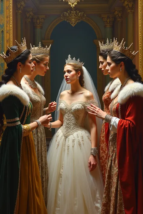 Jealous Queens: Three queens glaring enviously at a new bride in royal attire.