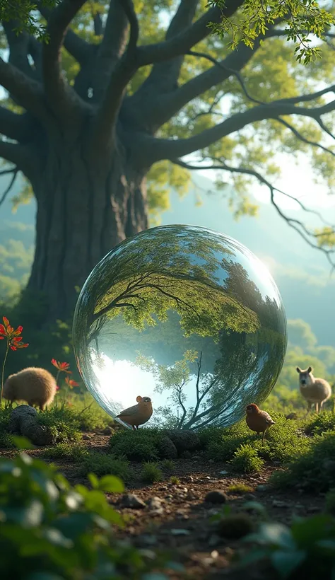 a closeup glass ball,a natural beauty full tree,animals,highly detailed,intricate,incredibly lifelike,photorealistic,8k,high resolution,cinematic lighting,vibrant colors,depth of field,beautiful natural scenery,stunning landscape,nature photography,realist...