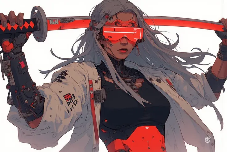 a woman with long hair and wearing digital red glasses and black croped top kimono with cyberweres and armors, she fights in 3D motion perspective view, she is in rage and anger and shouts, she is in a spatial depth of field fighting stance holding a red c...