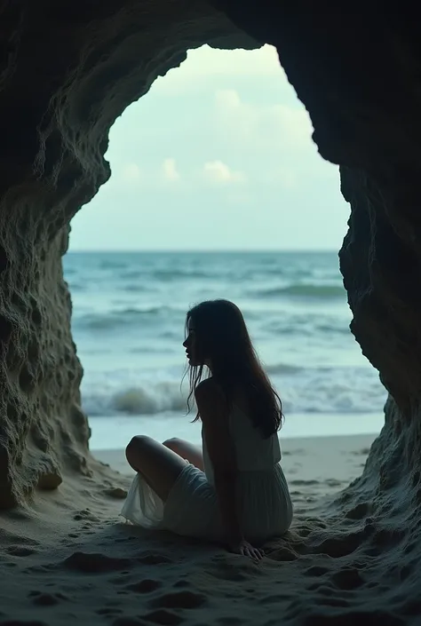 A beautiful girl with an open face sad cave by the sea