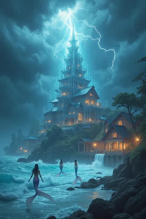 A thunderstorm caused mermaids to appear to help the people and make their pearly dwellings and the world more beautiful.