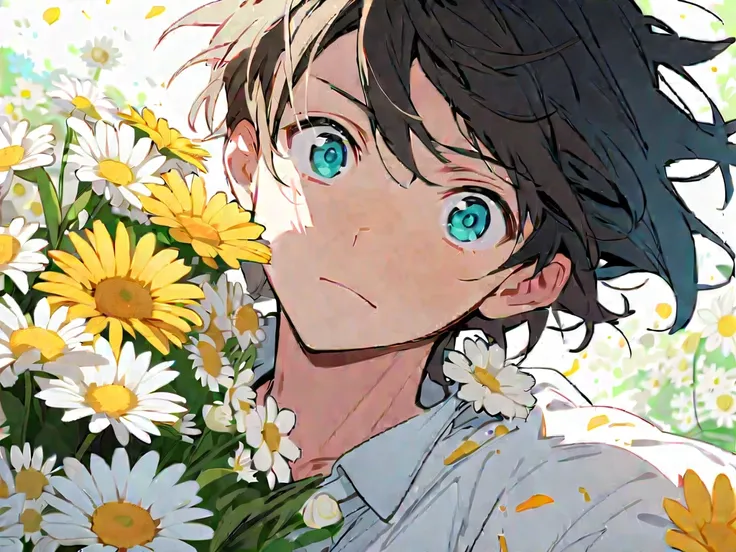 evidence,  boys, bouquet,  closed mouth , Daisy, Dated, flower, White Rose, run down, chest focus ,Aqua Eye