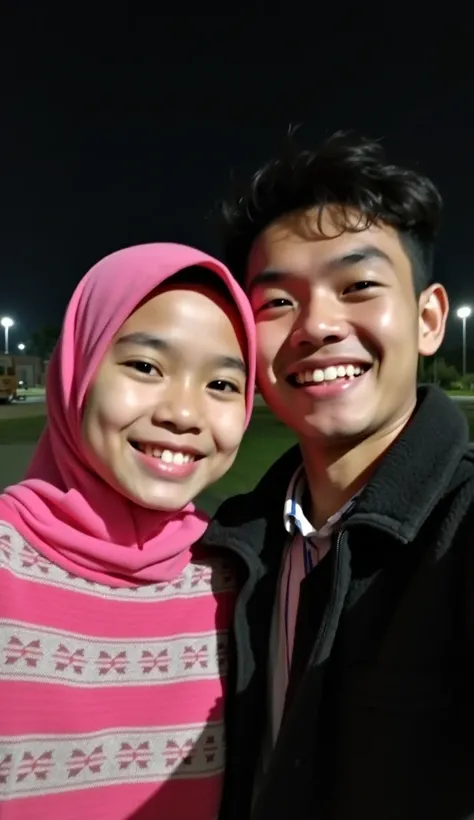 two Indonesian teenage people selfie,verry short girl wearing a pink striped sweater and pink hijab, verry tall  guy wearing black jacket at night, a small smile 