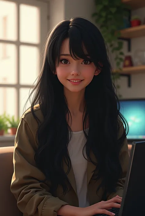 Absard 、( high-res abnormal image ))、 best quality、( extremely detailed 8k unity CG wallpaper)、( best illustration)、 Realistic Lighting 、 girl、Long black hair、 College Student 、computer at home、smile