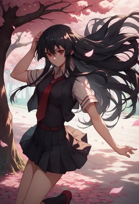 1girl, solo, Japanese school uniform, akame, long hair, black hair, red eyes, standing under a sakura tree, petals flying in the air, vibrant colors