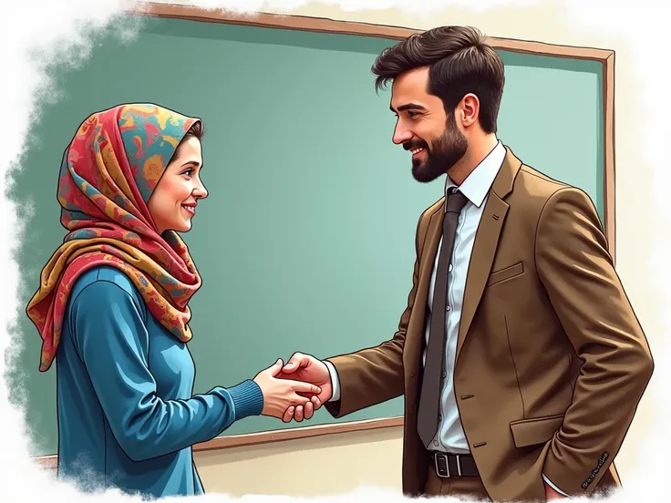 Draw a scene showing a professional interaction between two characters. One, a male teacher in a smart brown suit, extends his hand to a female student wearing a colourful headscarf and a comfortable blue sweater. Their expressions should reflect openness ...