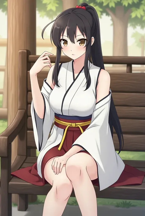  25-year-old adult woman with long dark hair tied in a low ponytail with a red ribbon.  She has brown eyes and a serious or thoughtful expression .  She wears an outfit that appears to be a variation of a kimono ,  with a white sleeve blouse long and a lon...