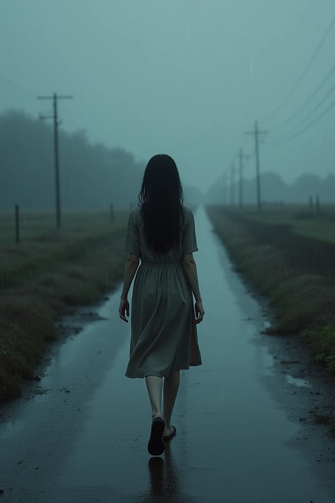 Girl walking in road in rain and cloudy weather lost back side blackhair