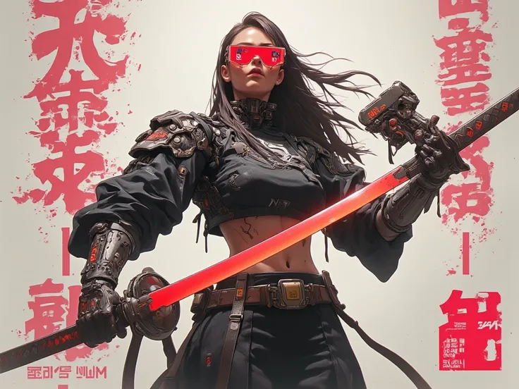 a woman with long hair and wearing digital red glasses and black croped top kimono with cyberweres and armors, she fights in 3D motion perspective view, she is in rage and anger and shouts, she is in a spatial depth of field fighting stance holding a red c...