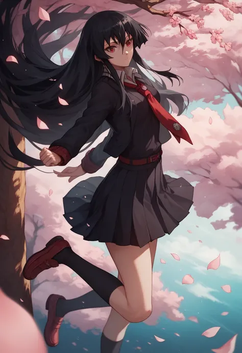 1girl, solo, Japanese school uniform, akame, long hair, black hair, red eyes, standing under a sakura tree, petals flying in the air, vibrant colors