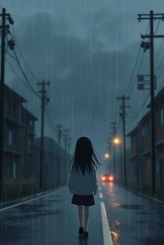 Girl walking in road in rain and cloudy weather lost back side blackhair anime