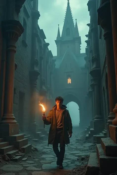 A twenty-five year old young man is going into a haunted palace with a torch in his hand, the young man is seen going 