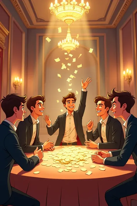 Crée une illustration animé de jeunes hommes assit autour dune table rempli dargent souriant où lun d dentre eux lance largent en lair