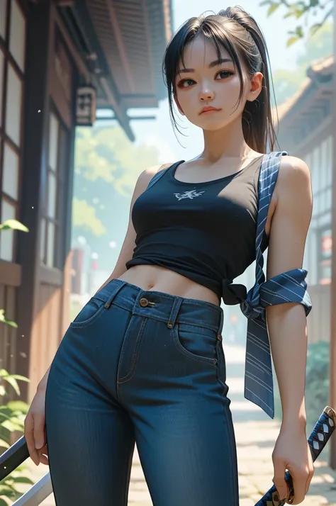 1girl, asian, black ponytail, black tanktop, black jeans, blue stripe around arm, tiny build, katana on waist, hand on katana