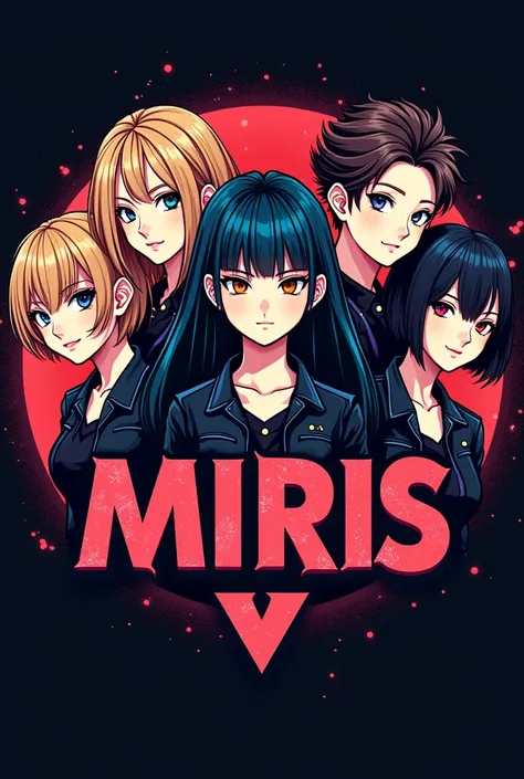 Create a logo design for a rock pop band, with the name MIRIS, consisting of 5 men, the first person has short hair, the second person has pigtails, the third person has thick and neat hair, the fourth and fifth people have hair parted in the middle.