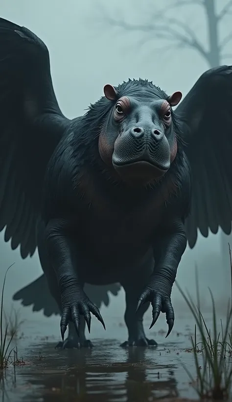 "A hybrid creature combining a hippopotamus and a crow, with a large muscular body of a hippo covered in sleek black feathers. Its crow-like head has sharp, piercing eyes and a hooked beak. Giant, menacing wings extend from its back, while its legs are a m...