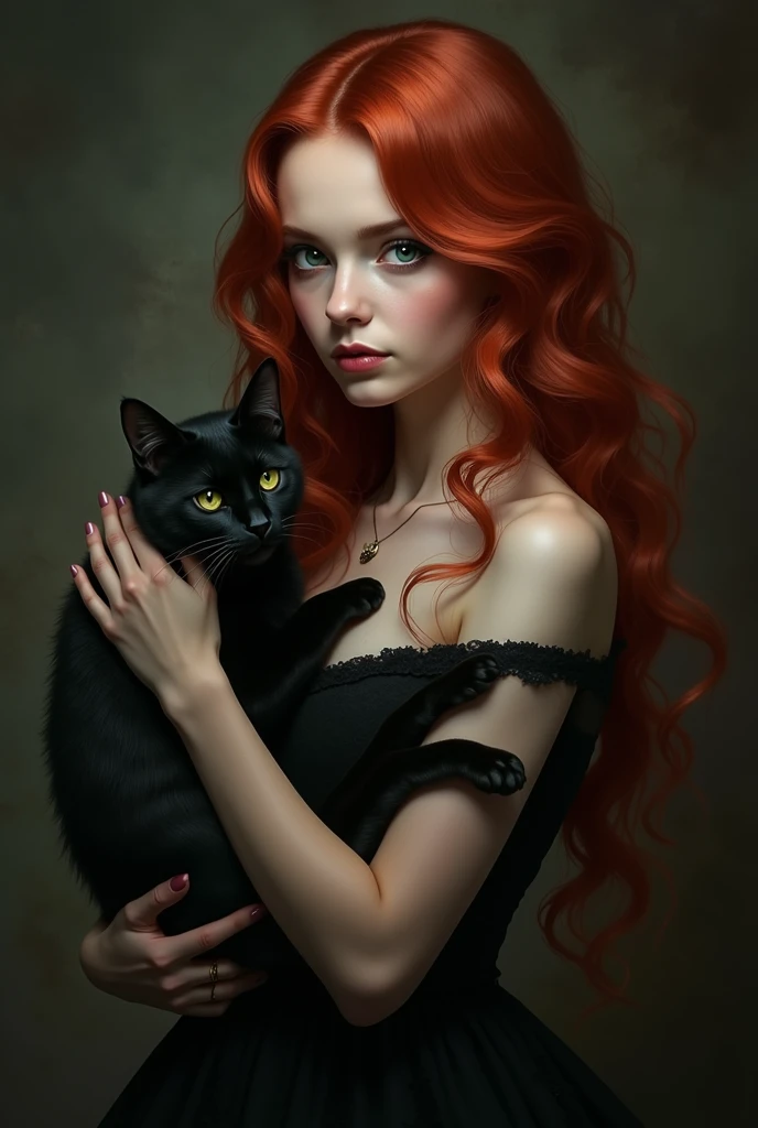 A red-haired girl with long wavy hair and green eyes in a gorgeous black dress is holding a black cat in her arms