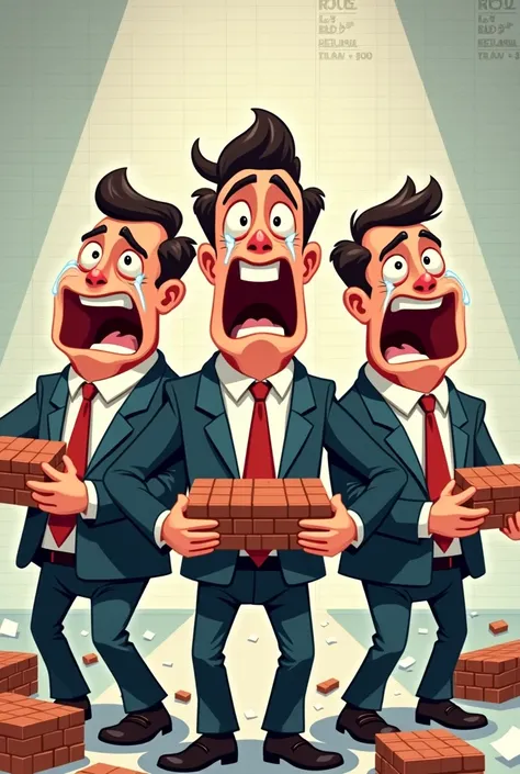 
create a cartoon 2d image of three funny crying man of corporate job holding a bricks and background lokks like excel sheet