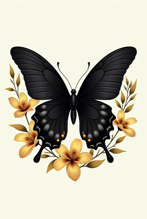 A logo with a black butterfly decorated with gold flowers