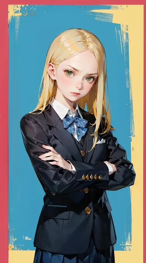 school uniform,dark roots yellow hair,shaped,sharp personality,straight hair,bad mood