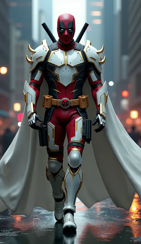 he is walking, full body shot of Deadpool  in white and gold armour style suit, no mask on, white cape, looking at center camera, perfect composition, beautiful detailed intricate insanely detailed octane render trending on artstation, 8 k artistic photogr...