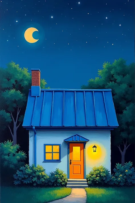 On a clear night, paint a house with a blue roof and a yellow window like an acrylic painting