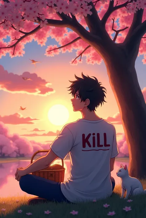 A 3d anime man, black hair color, holding a picnic basket, sitting under the cherry blossom tree, looking at the sunset, with a cat and birds, had a name on his shirt "KILL" with a font