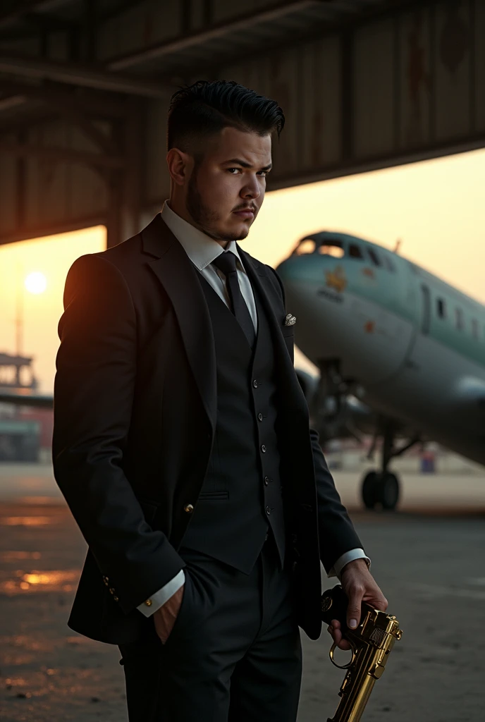  Create a scene in an old abandoned airport at dusk ,  with a ramshackle plane parked in the background ,  partially illuminated by the last rays of the sun that slip through the cracks of the rusty structures . in the foreground,  is the boss of the Mexic...