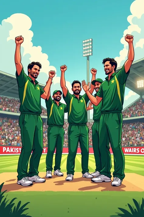 Pakistan ki Australia par Shaandaar Jeet! Dekhiye ki kaise Pakistan ne Australia ko 9 wickets se haraya! #PakVsAus #ODI #Cricket" generate cartoon image 