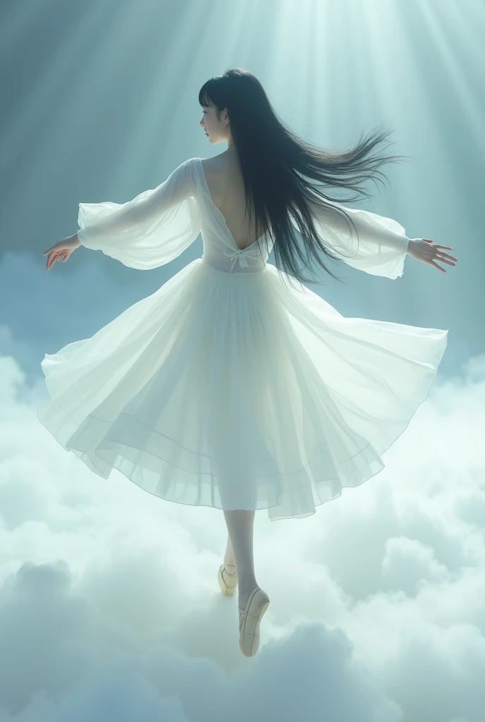 ghost girl, Korean, realistic, long black hair, bang, pale white skin, white dress , full body ,ballerina shoes, dancing ballet, Floor make from fluffy clouds 