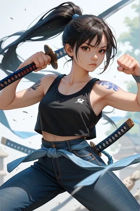 1girl, asian, long black ponytail, black tanktop, black jeans, blue stripe tattoo around left bicep, tiny build, katana on waist, hand on katana, fighting pose, looking at viewer